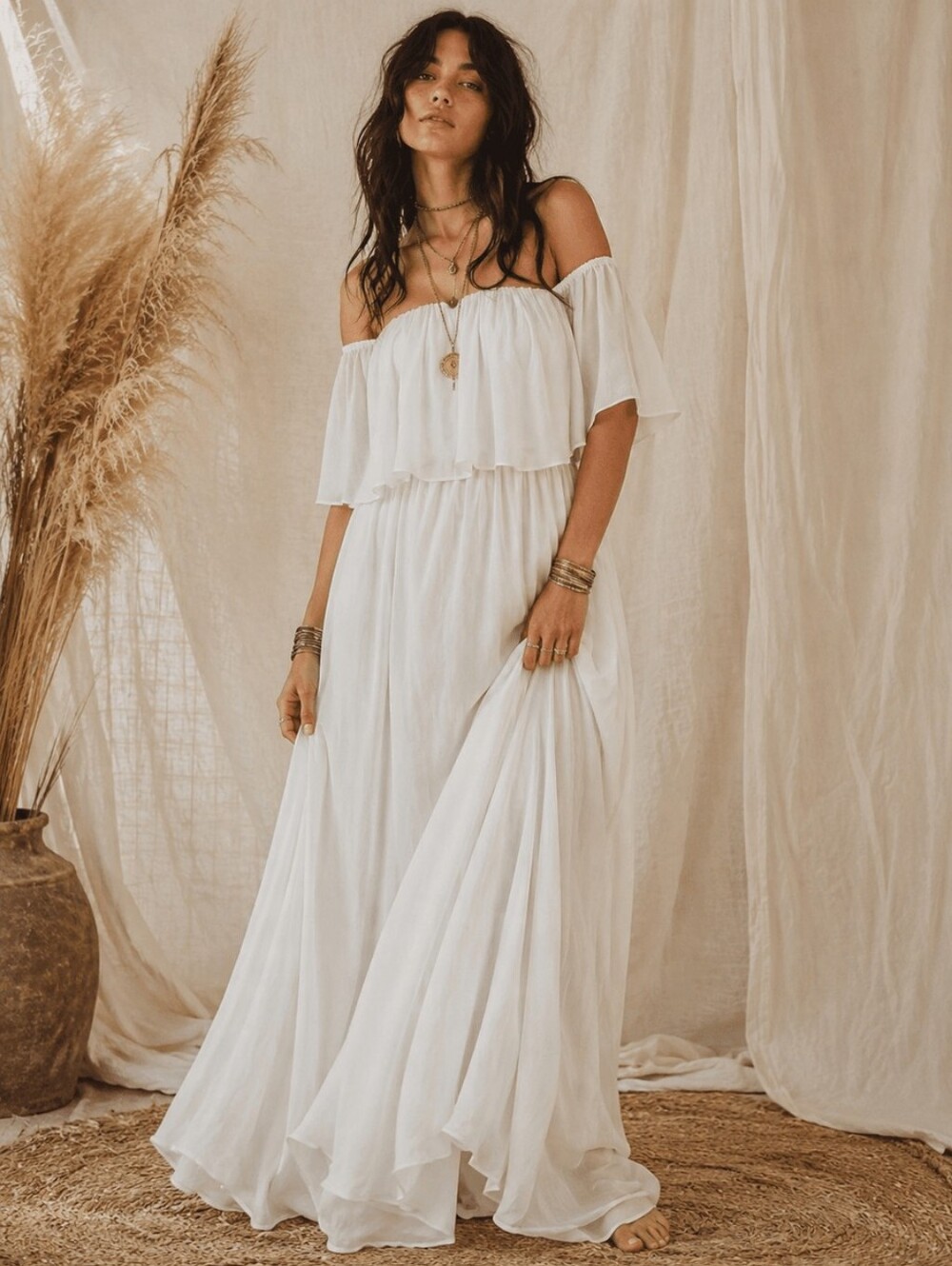 White Boho Off Shoulder Maxi Dress Flowy Ruffle Beach Wedding Bridal Dress - Picture 1 of 4